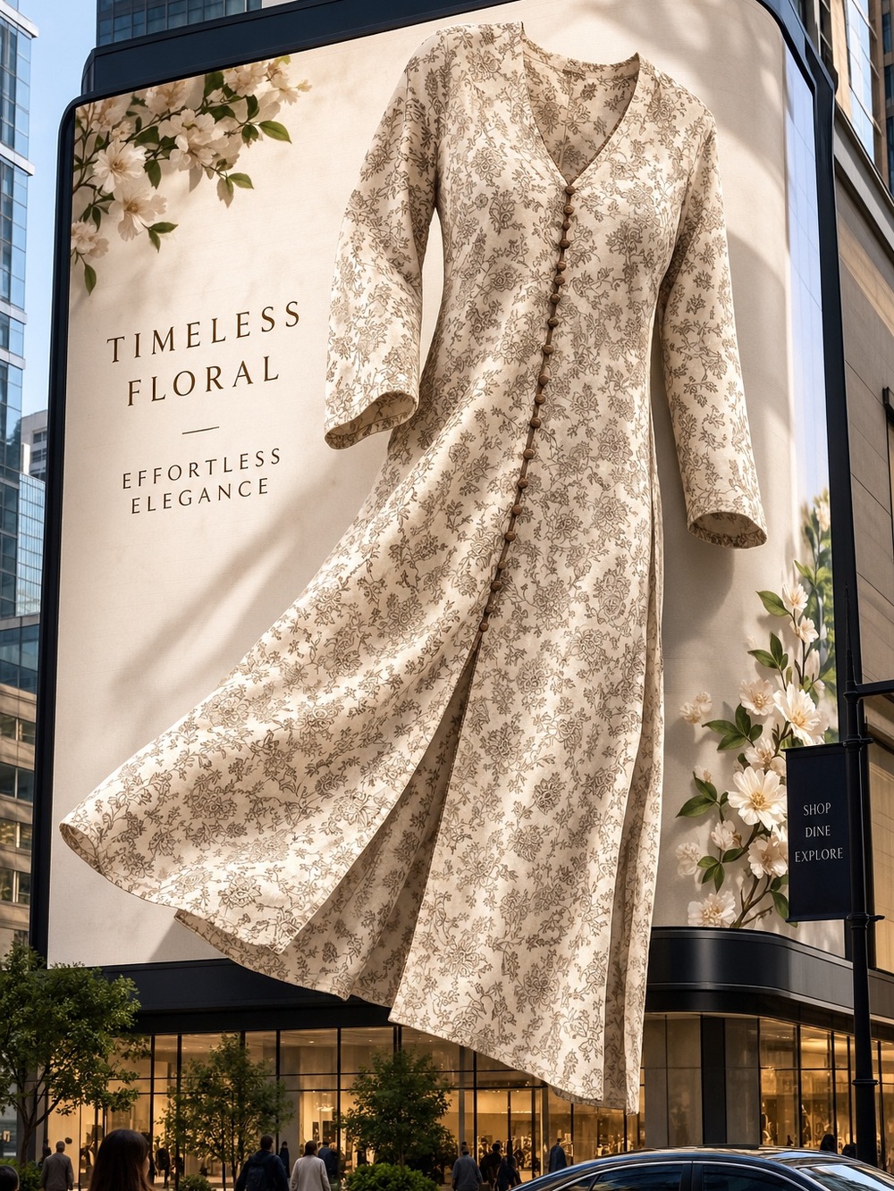 Women’s Golden & Cream Floral Print Longline Kurta with Gold Trim Neckline